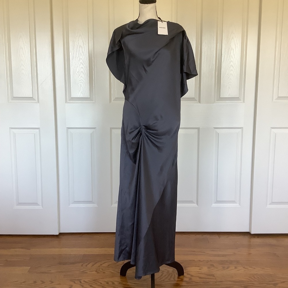 Reiss Sasha Satin Drape Detail Maxi Dress Slate Grey US 10 NWT